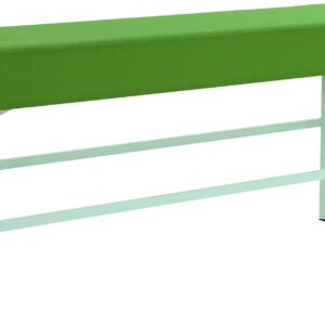 Hoge bank in felgroen met witte metalen onderstel, geschikt voor bartafels en groepsactiviteiten.