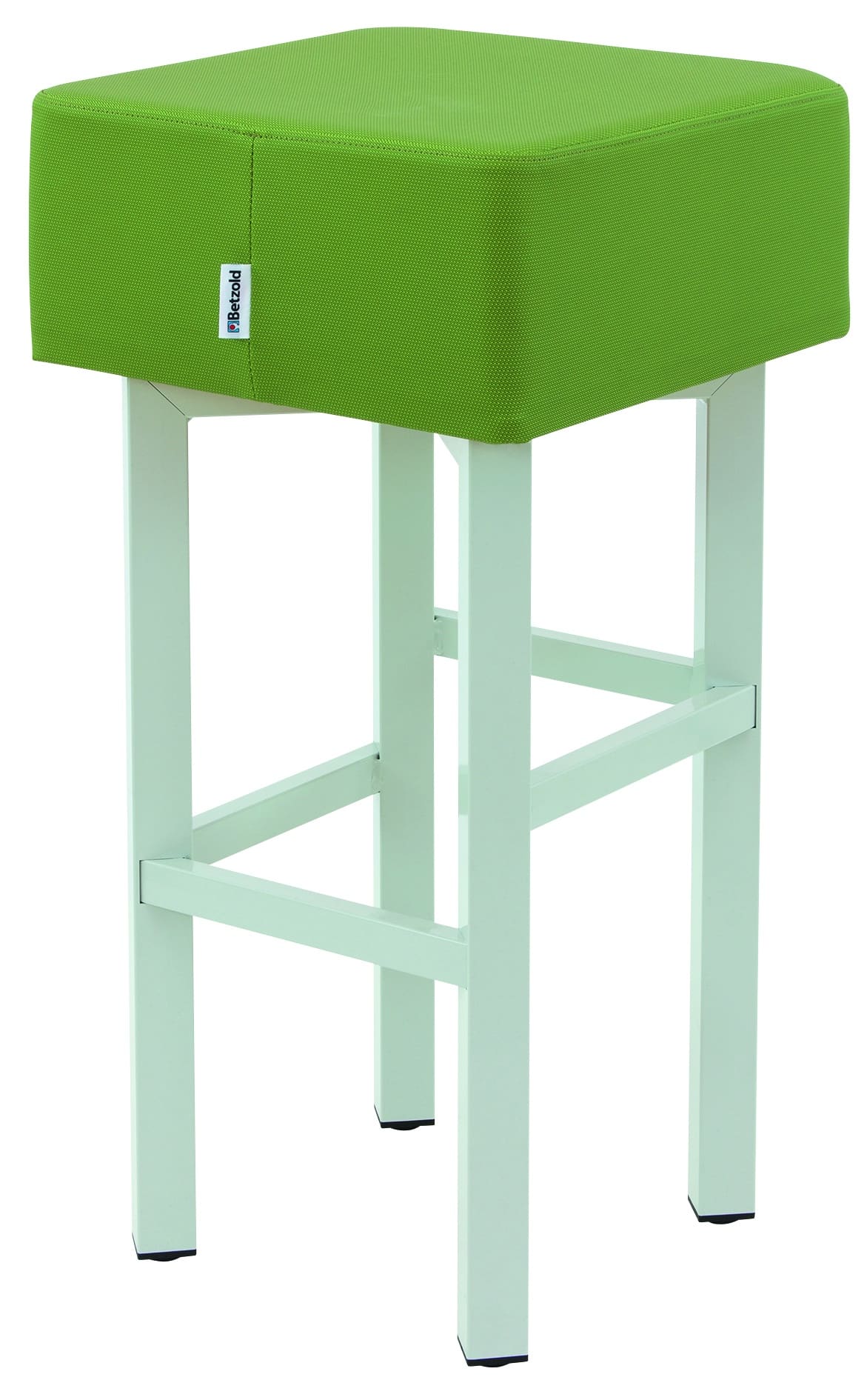 Moderne vierkante barkruk in felgroen met stevige witte constructie, ideaal voor kantines en onderwijsruimtes.