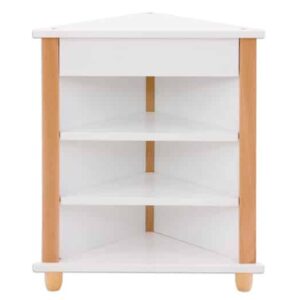 Driehoekige keuken hoekkast met een lade en verschillende planken voor opbergruimte, ideaal voor de kleuterkeuken.