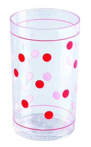 Transparante beker met roze en rode stippen, hoogte 10 cm, diameter 5 cm, geschikt voor speel- en leeractiviteiten.