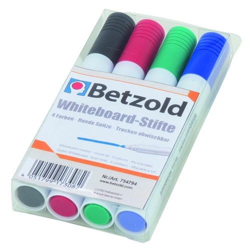 Witteboardmarkers in verpakking, 4 stuks: rood, blauw, zwart en groen met ronde punten.