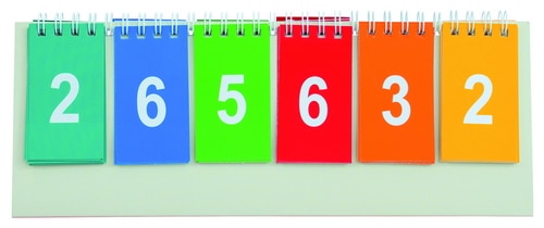 Decimale flip-over met kleurrijke cijfers van 0 tot 9, formaat 9 x 26,5 x 6,5 cm, geschikt voor rekenlessen.
