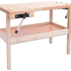 Werkbank van 75 cm hoog, met houten werkblad en onderplank, ideaal voor studenten en hobbyisten.