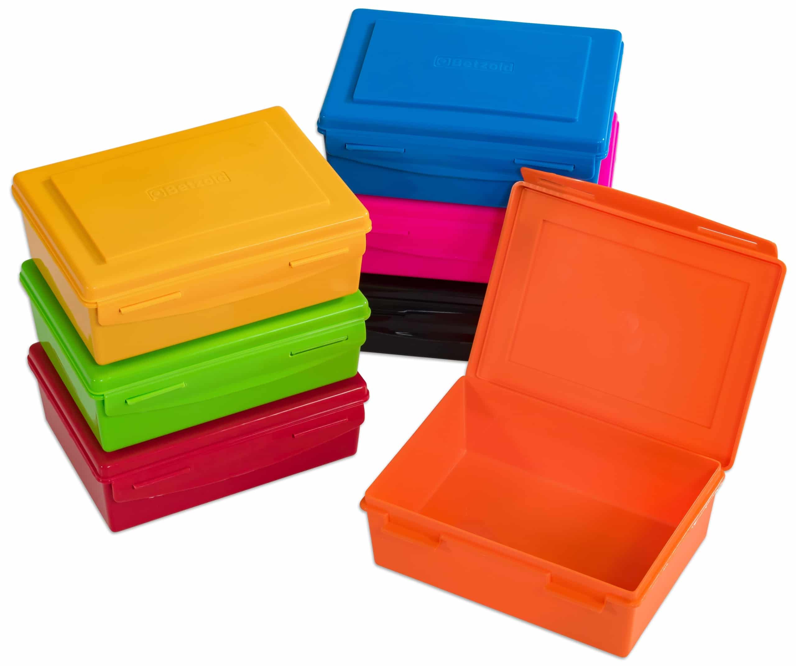 Set van 7 kleurrijke opbergdozen (1,5 liter) in oranje, blauw, groen, geel, roze, zwart en rood, met open deksel.