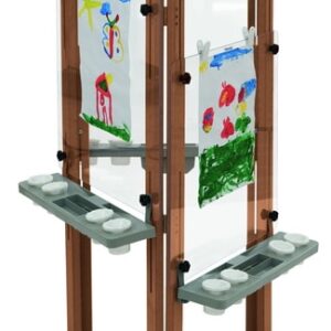 Driezijdige schilderwand met 12 verfbekers, verstelbaar, ideaal voor buitenkunstenaars met kleurrijke tekeningen.