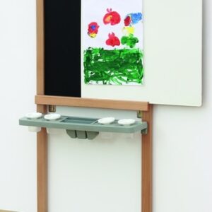 Wand-ezel met krijtbord en whiteboard, inclusief 4 verfbekers en uitneembare lade. Geschikt voor creatief gebruik.