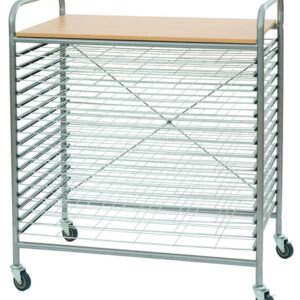 Droogrek voor kunstwerken met meerdere lagen, metalen frame en houten bovenblad, voorzien van wielen voor mobiliteit.