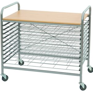 Droogrek met metalen frame en houten bovenblad, ideaal voor het drogen van kunstwerken. Voorzien van wieltjes.