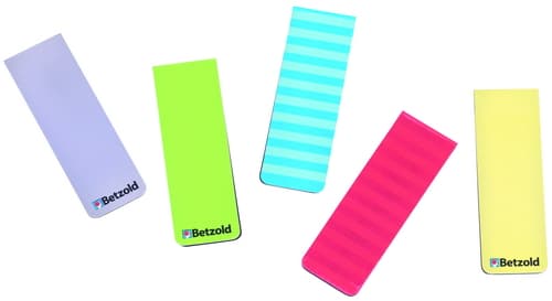 Vijf magnetische boekclips in verschillende kleuren: paars, groen, blauw, roze en gestreept, met het logo van Betzold.