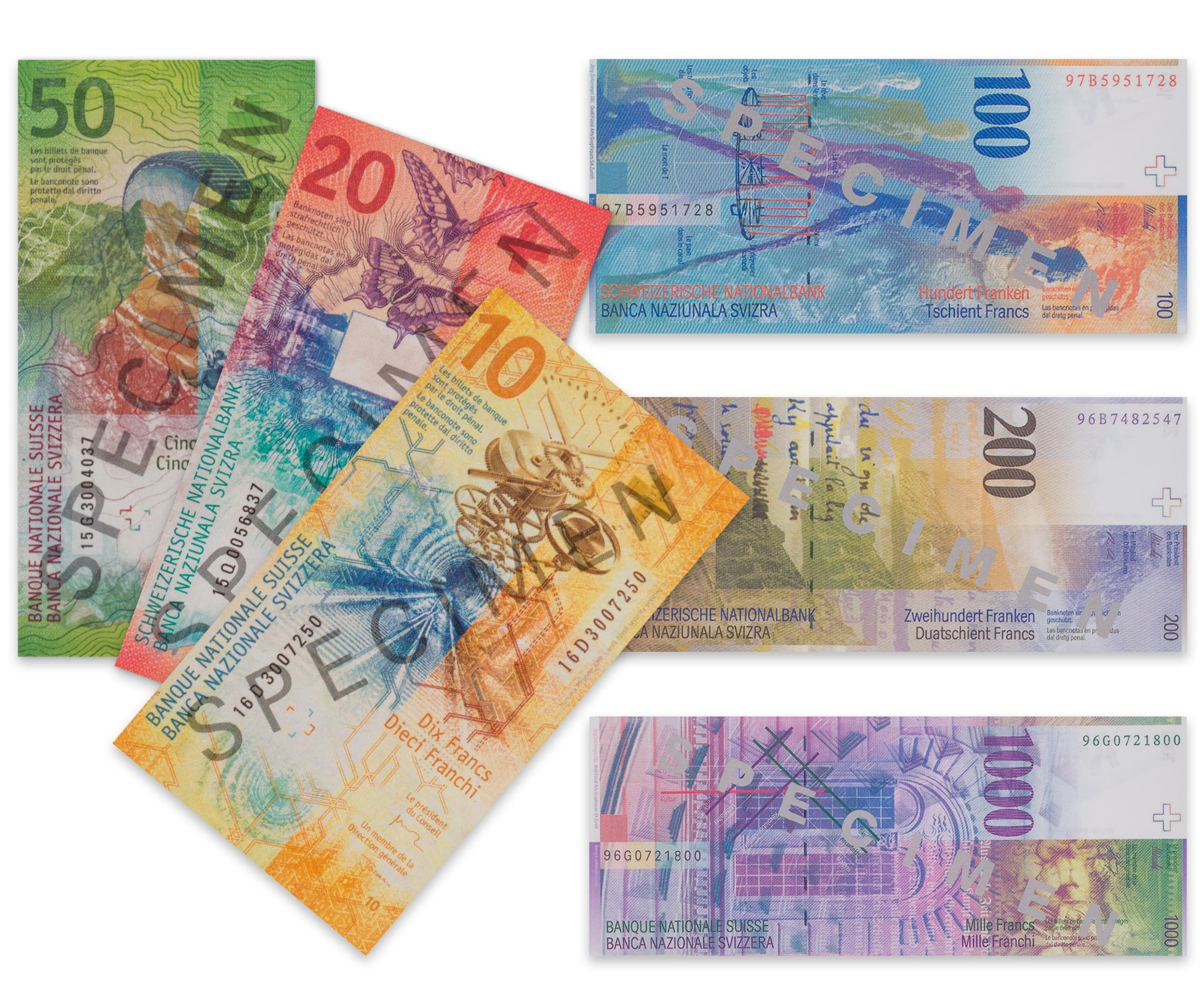 Zwitserse Francs bankbiljetten van 10, 20, 50, 200 en 1000 franc, kleurrijk en met verschillende ontwerpen.