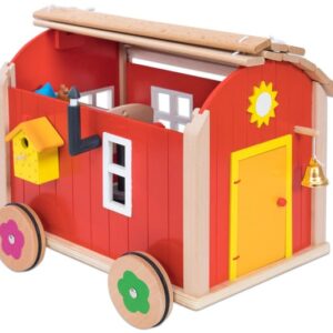 Kleurrijke Vrolijke Pipo Wagen van hout met afgeronde randen, ramen, deur en bel, ideaal voor rollenspellen en creativiteit.