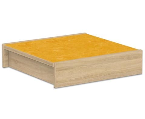 Stevig speelplatform Klein vierkant 50x50cm met een gele bovenkant en houten zijkanten, ideaal voor creatieve opstellingen.
