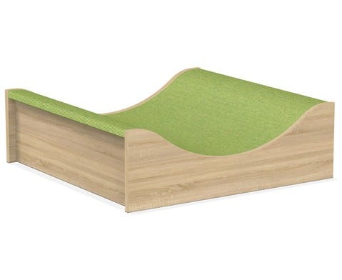 Speelplatform loopgoot 75x75cm met groene, golvende bovenkant en houten zijkanten, ideaal voor balanceren en ontdekken.