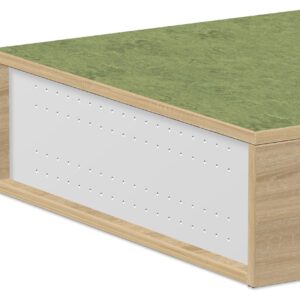 Rechthoekige sokkel voor ligkussens, 150x75 cm, met groene bovenkant en houten zijkanten.
