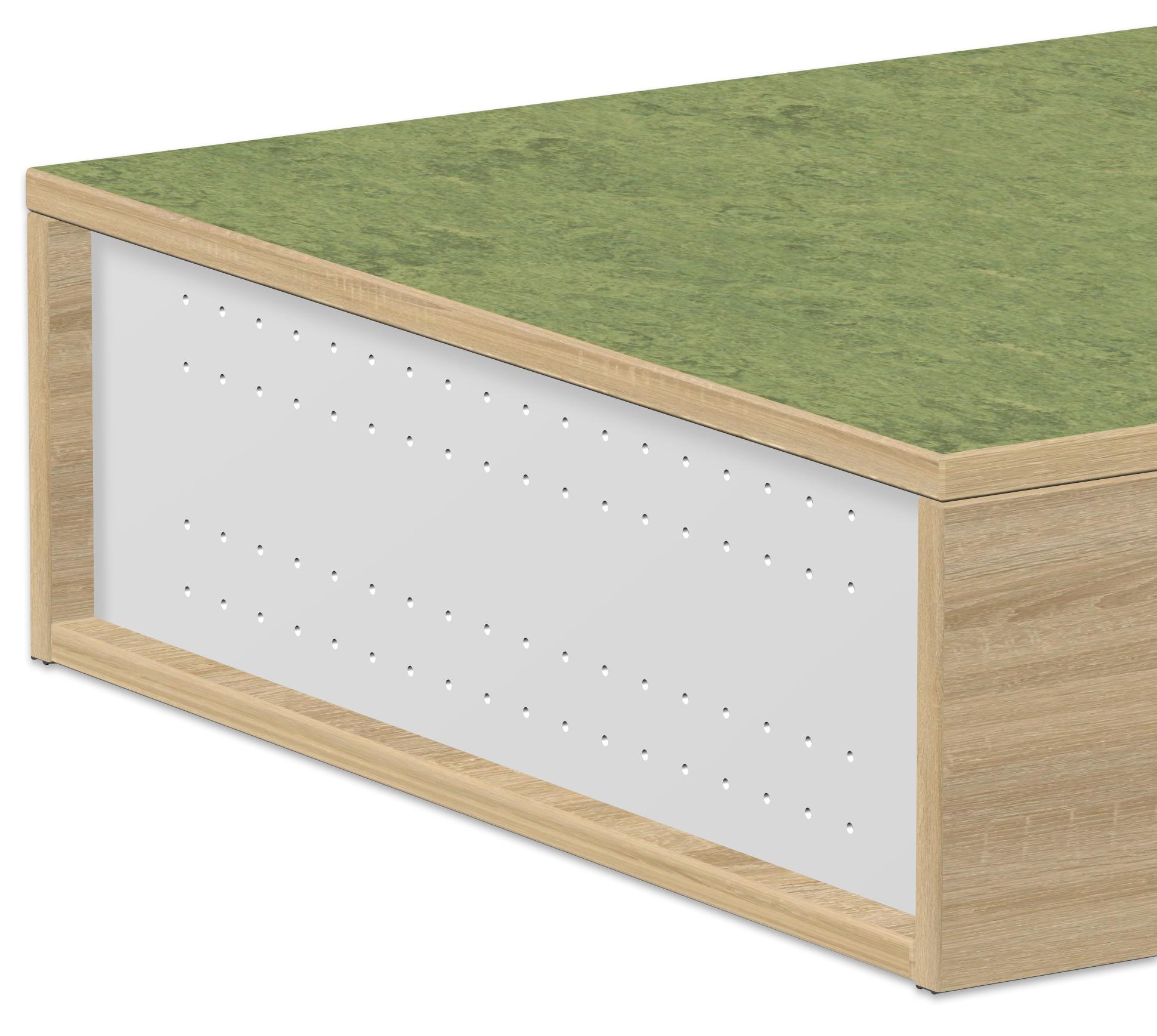 Rechthoekige sokkel voor ligkussens, 150x75 cm, met groene bovenkant en houten zijkanten.