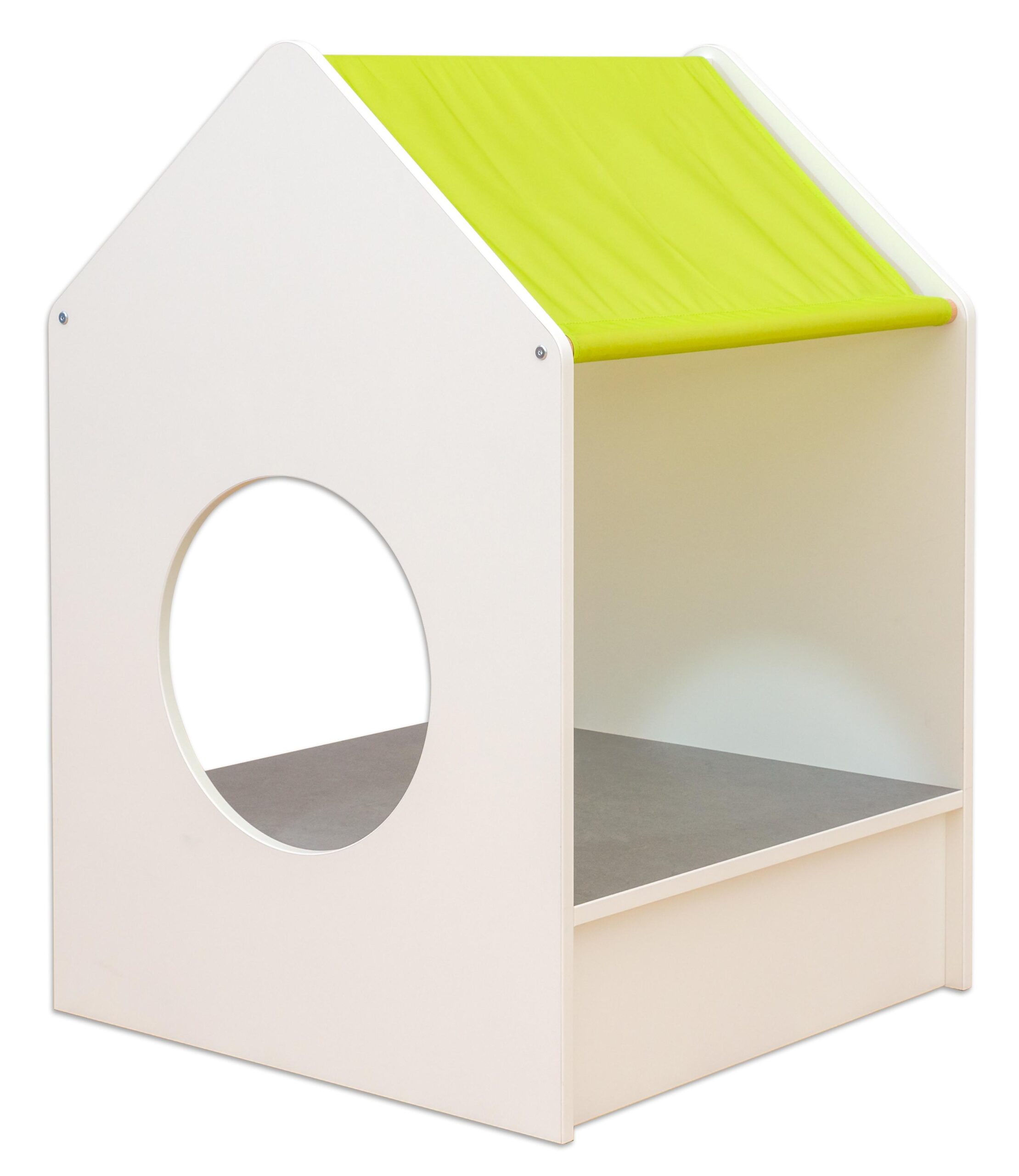 Sokkel Huis Classic, 75x75 cm, met een groene dakbedekking en een ronde opening aan de voorkant.