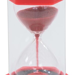 Rode zandloper van 30 seconden met transparante glazen buis en zwart voetstuk, ideaal voor tijdsbesef en timemanagement.