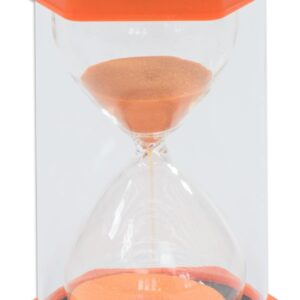 Oranje zandloper van 10 minuten met transparante glazen buis en hexagonale basis, ideaal voor tijdsmanagement voor kinderen.