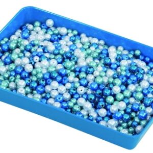 Set van 5 blauwe schalen van biokunststof, gevuld met kleurrijke kralen in verschillende tinten blauw en groen.