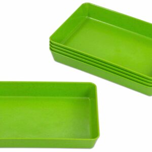 Set van 5 groene biokunststof schalen, rechthoekig en stapelbaar, geschikt voor sorteren en opbergen.
