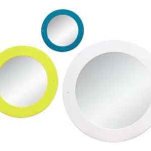 Ronde spiegels in verschillende kleuren: petrol, wit en geel, perfect voor speelhoeken en kleuterruimtes.