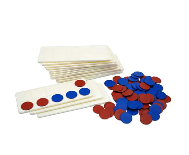 Magnetische rekenstrip set van 20 stuks met tientallen platen en rode en blauwe indexeerbare inzetstukken.