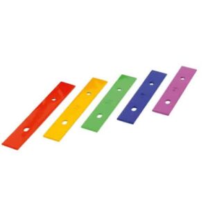 Vijf metalen klankstaven in verschillende kleuren voor de Regenboog Xylofoon, inclusief chromatische toevoeging.