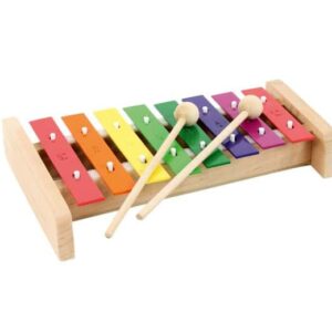 Kleurrijk xylofoon met 8 metalen staven in regenboogkleuren en twee houten stokken voor muzikale opvoeding.