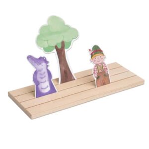 Houten kaarthouder met drie gleuven, inclusief figuren van een boom, een jongen en een krokodil voor visuele verhalen.