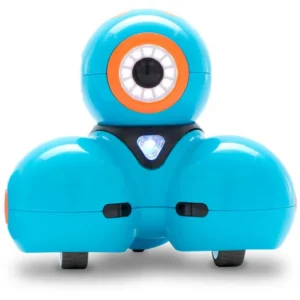 Blauwe Dash robot met oranje details, ontworpen voor kinderen vanaf 6 jaar om robotica te leren en programmeren.