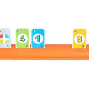Kleurrijke plastic kaartenhouder in oranje, met 5 onderdelen en verschillende kaarten in heldere kleuren.
