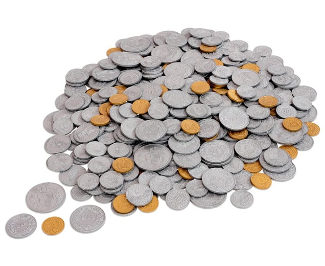 Speelgoedgeld set met 70 munten in verschillende waardes: 5 cent, 10 cent en 1 frank, in een stevig zakje.