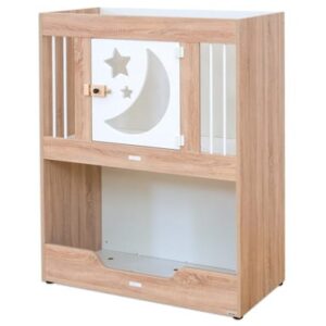 Rustbed EduCasa in houtkleur met sterren en maan detail op de deur, perfect voor kleine kinderen om te ontspannen.