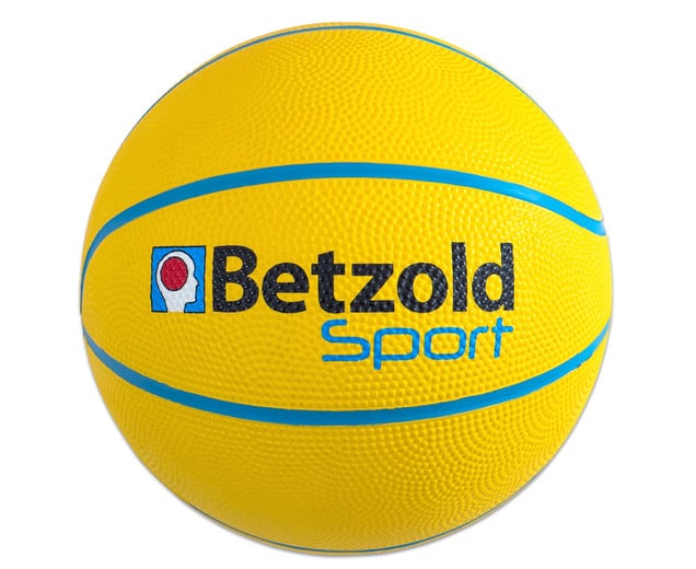 Geel junior basketbal met noppenoppervlak en blauwe lijnen, geschikt voor kinderen van 8 tot 10 jaar.