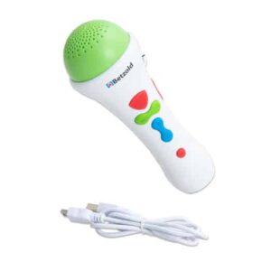 Kleurrijke speelgoedmicrofoon met opnamefunctie en gekleurde knoppen, inclusief USB-kabel. Perfect voor zingen en interviews.
