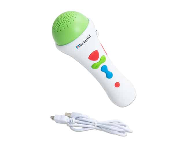 Kleurrijke speelgoedmicrofoon met opnamefunctie en gekleurde knoppen, inclusief USB-kabel. Perfect voor zingen en interviews.