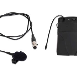 TLS lavalier-microfoon met zender, zwarte microfoon met clip en kabel, compact ontwerp voor gebruik in muziek en onderwijs.