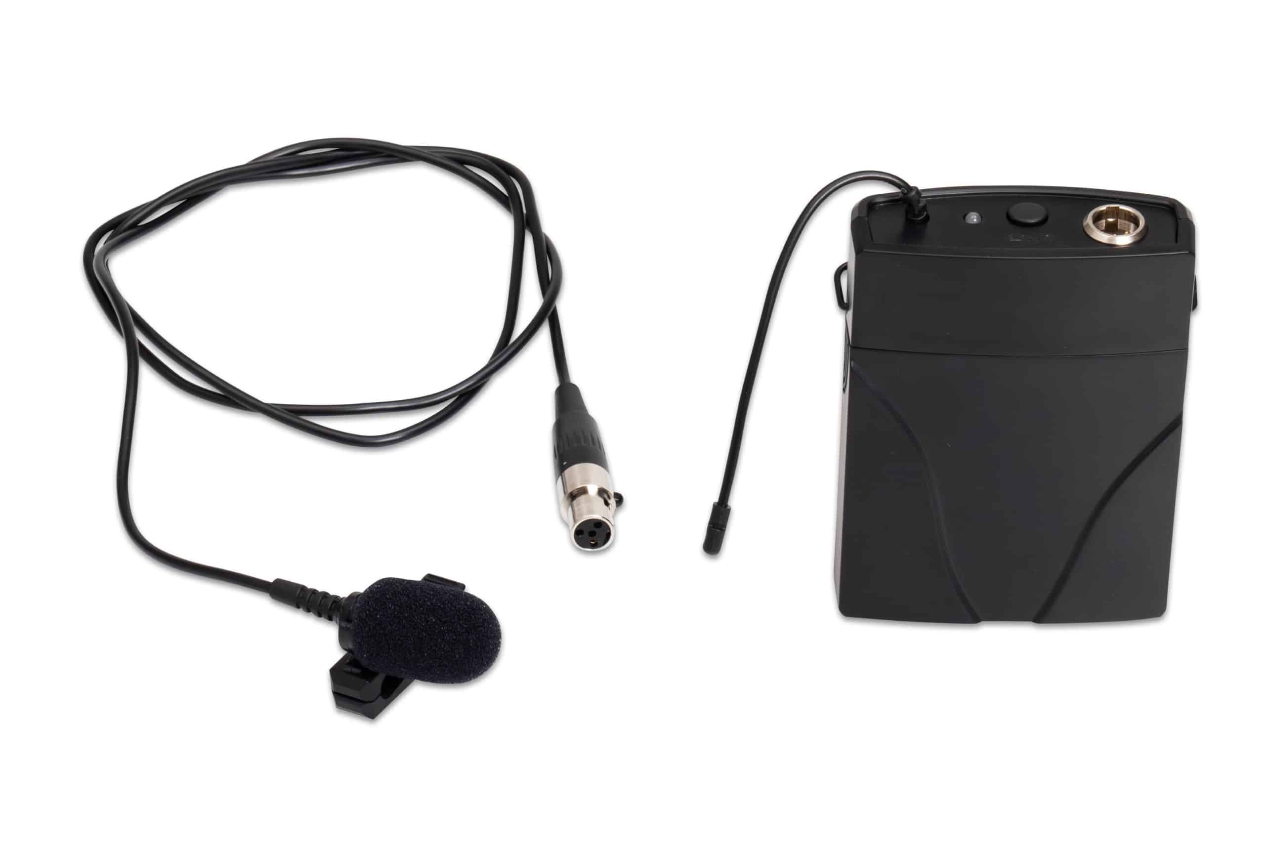 TLS lavalier-microfoon met zender, zwarte microfoon met clip en kabel, compact ontwerp voor gebruik in muziek en onderwijs.