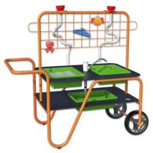Mobiele zand- en watertafel met groene bakken, spetterfuncties en een speelse achterwand voor creatief buitenplezier.