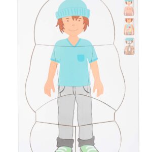 Verschillende lagen puzzel van een jongen in een blauw shirt en groene sneakers, met lichaamsdelen zichtbaar.