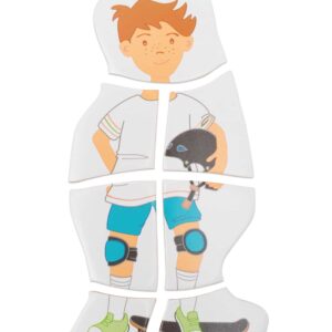 Levenscirkel puzzel met een jongen in skate-outfit, inclusief skateboard en helm, in kleurrijke stukken.