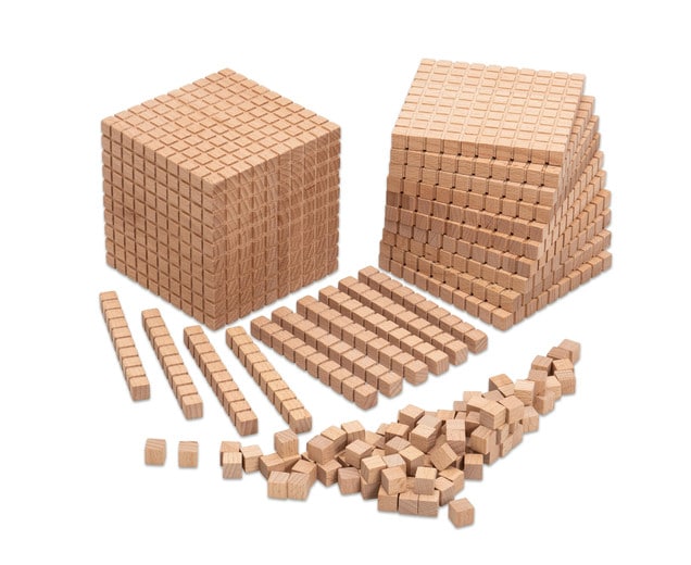 Houten kubus set van massief beukenhout, bestaande uit blokken voor het leren van het tientallig stelsel en rekenkundige b...
