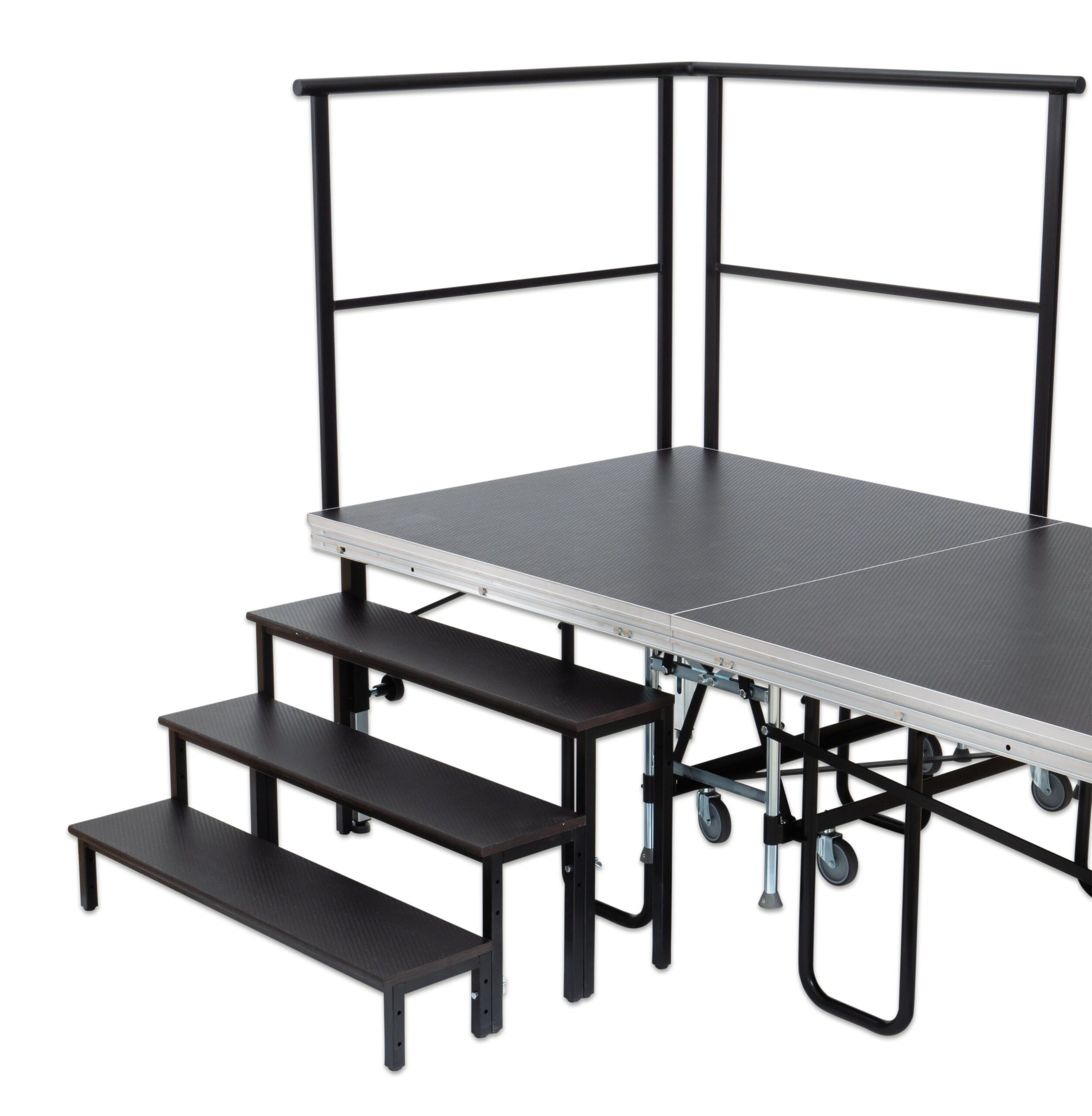 Speedi Vario trap met 3 treden, hoogte 60/80 cm, zwart met handgrepen, geschikt voor leerplein en kantine.