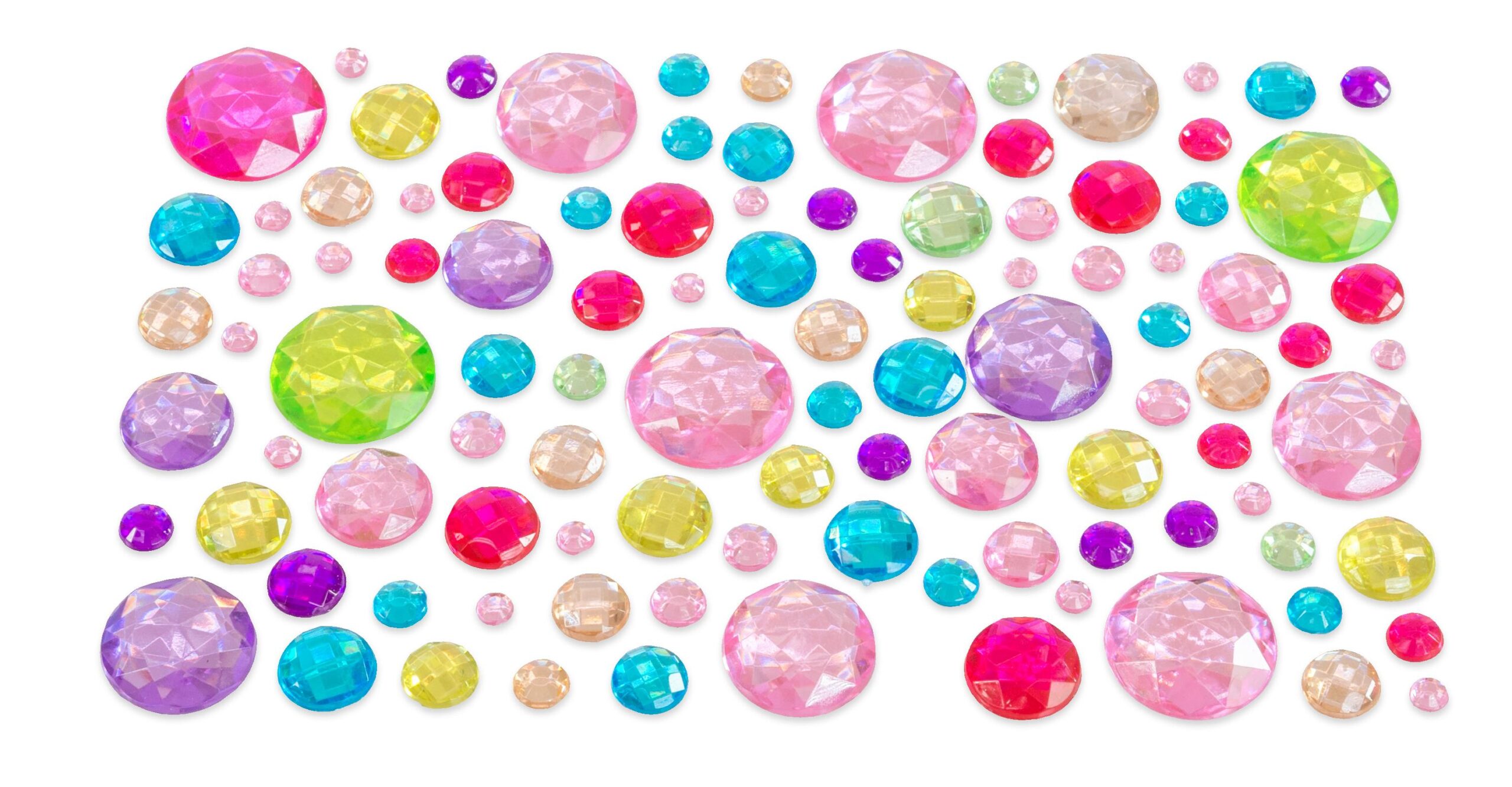 Roze cirkels en andere kleurrijke glittersteentjes op 2 vellen, perfect voor knutselen en decoratie.
