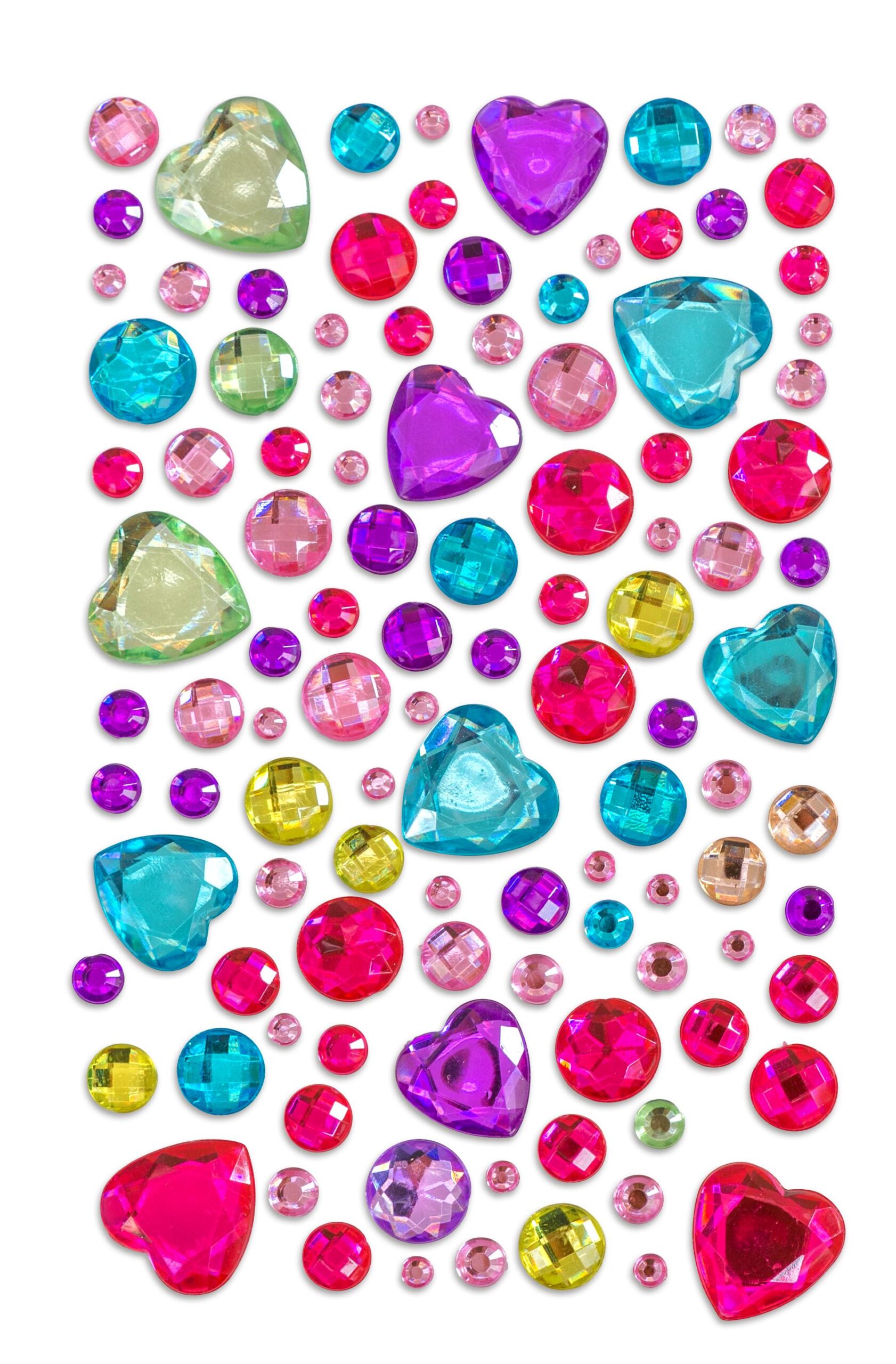 Roze hartjes en kleurrijke glittersteentjes op twee vellen, ideaal voor knutselen en decoratie.