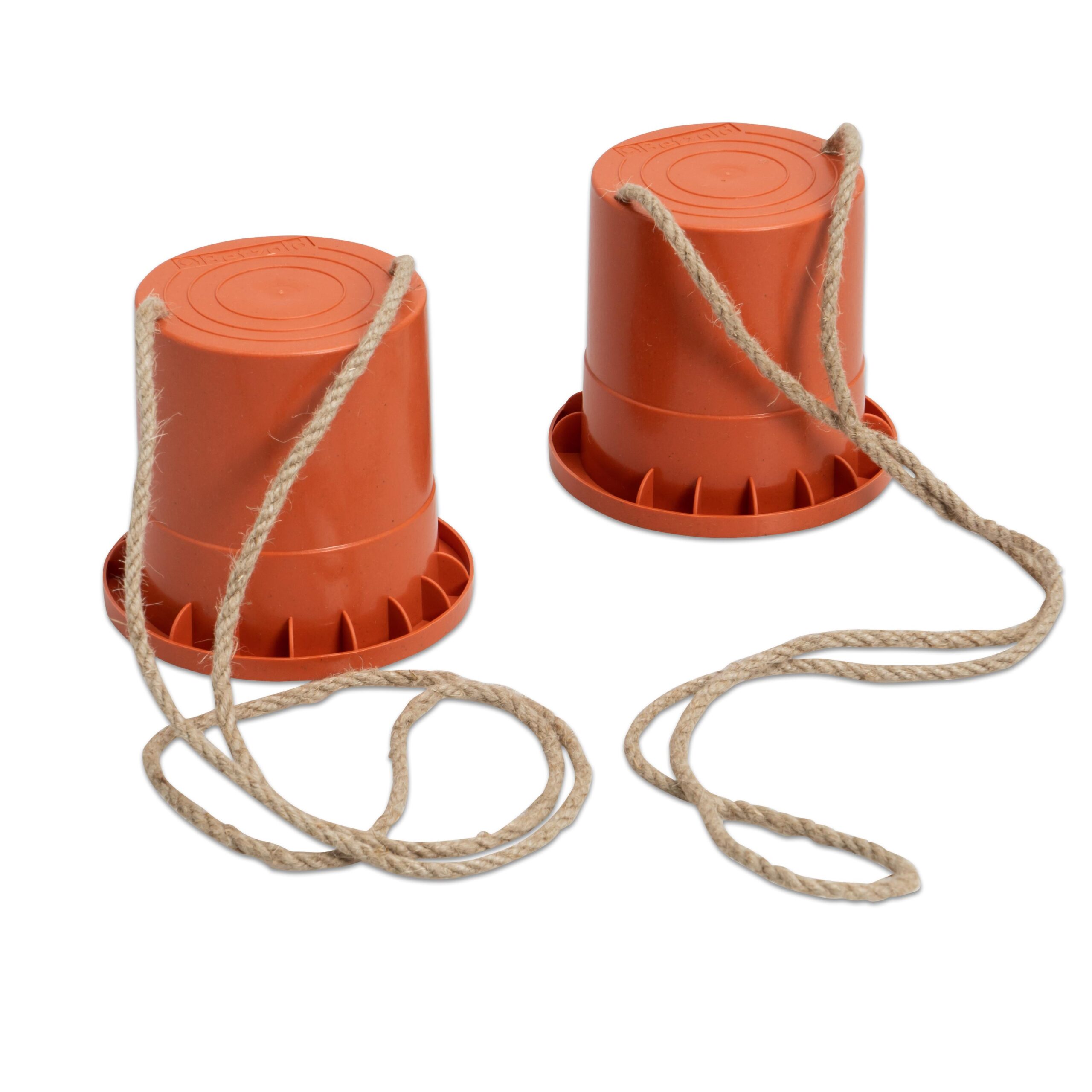 Koraal kleurige loopblikken met touw, set van 1 paar, ideaal voor kinderen om te spelen en te oefenen met balans.