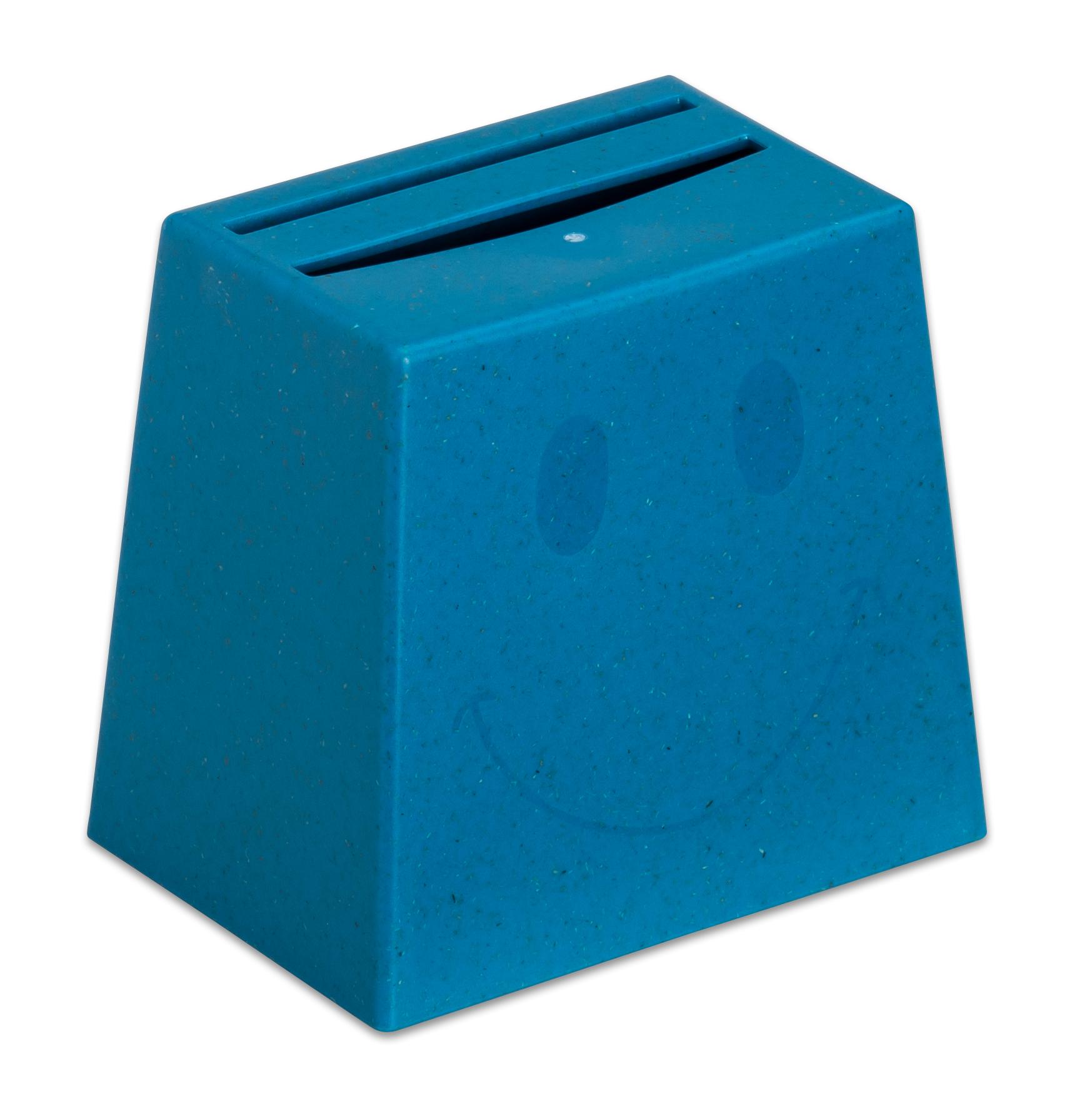 Blauwe quizz beker in de vorm van een smiley, set van 3 stuks, met gleuf voor het inwerpen van antwoorden.