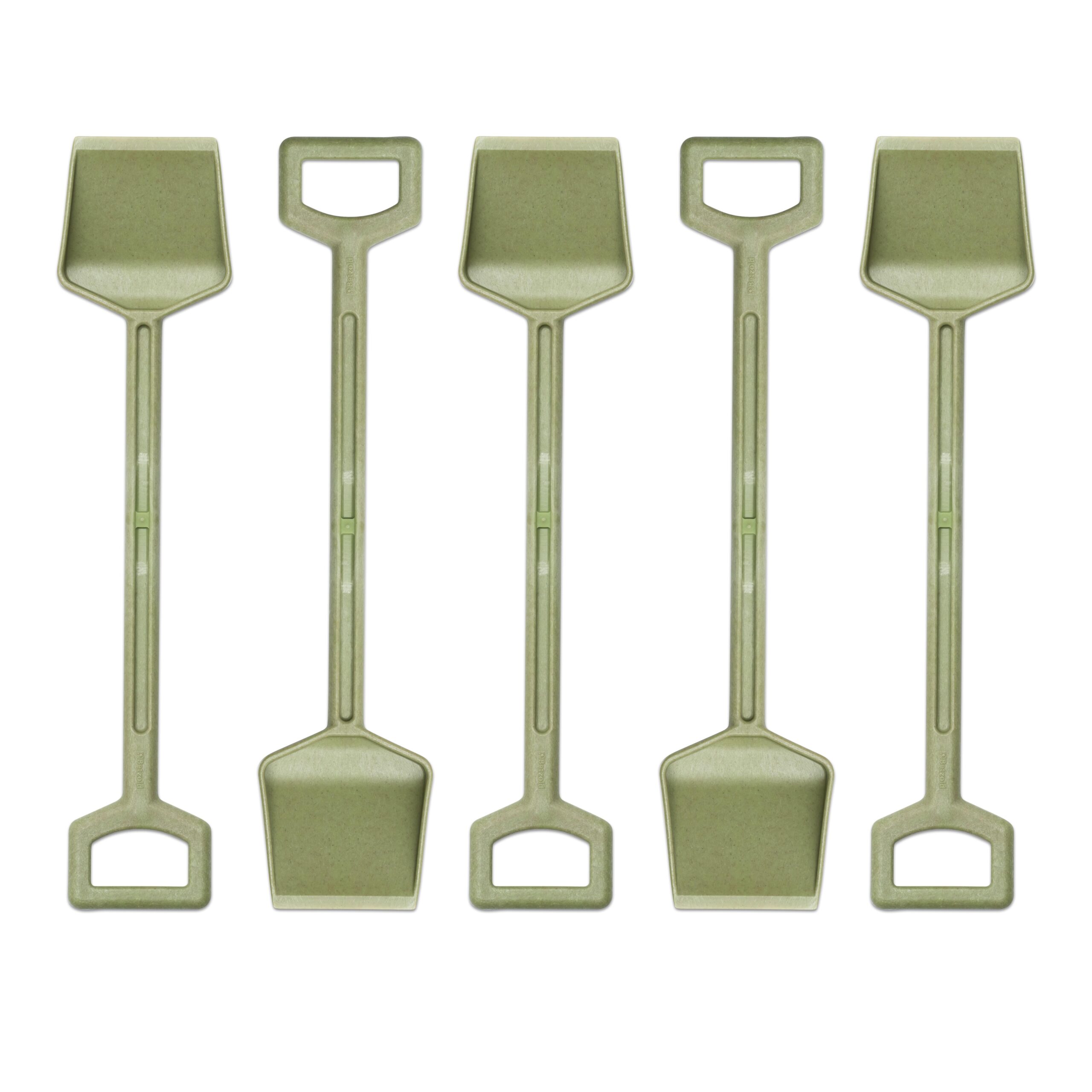 Vijf groene spades van treeNside, met een stevige handgreep en brede schep, ideaal voor tuinwerk.