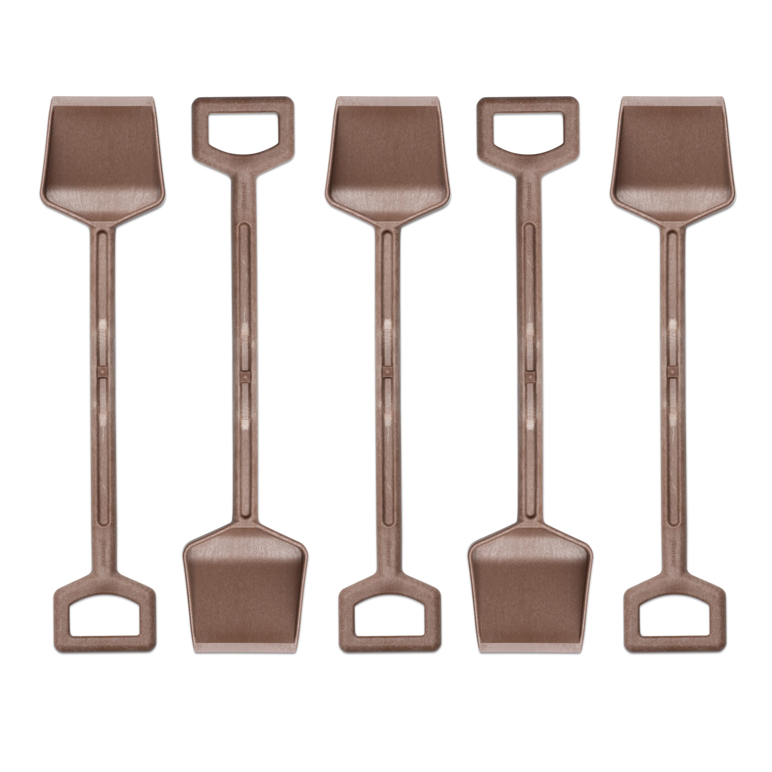 Vijf chocoladebruine schoppen met handvat, ideaal voor tuinieren en buitenactiviteiten.