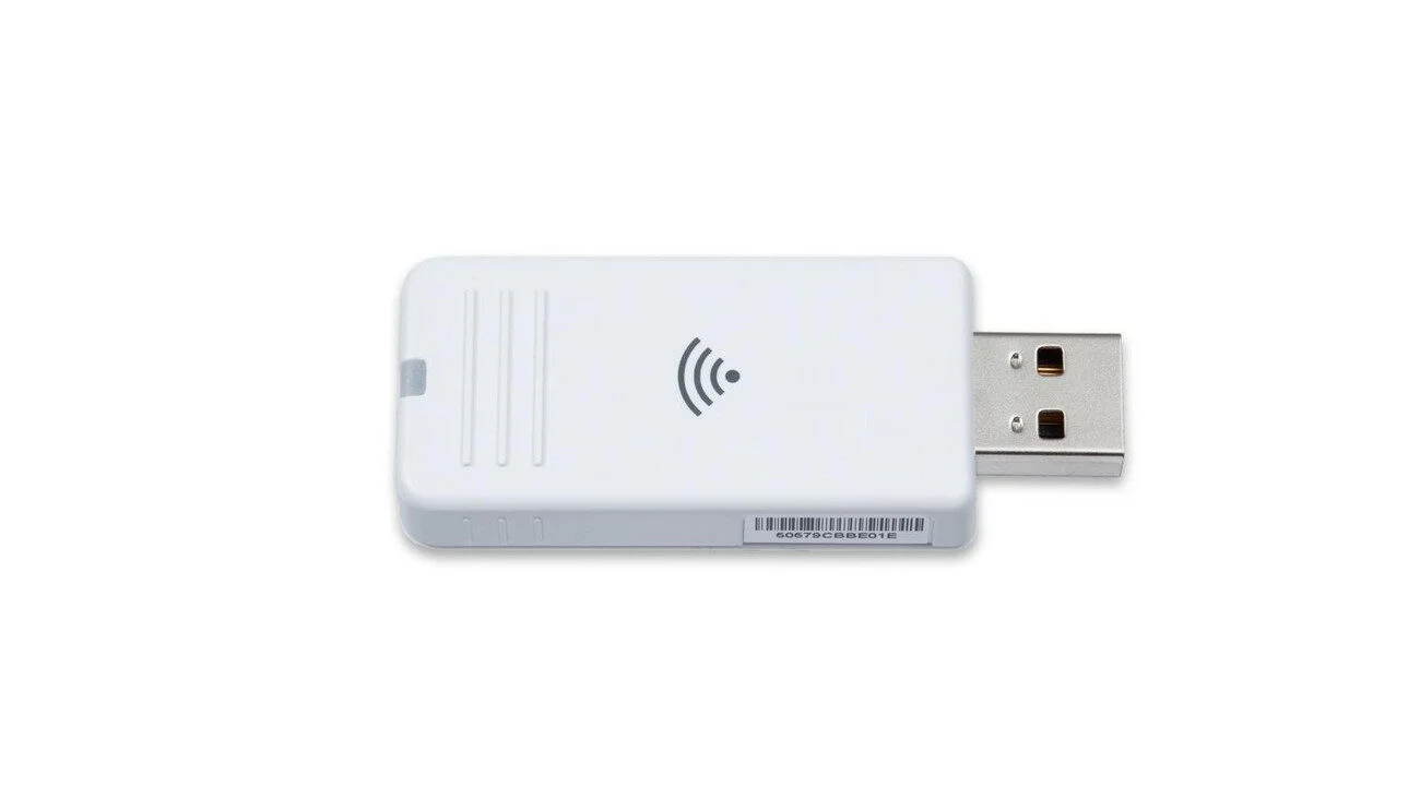 ELPAP11 Miracast/Wi-Fi-adapter in wit, met USB-aansluiting en een draadloos symbool op de bovenkant.